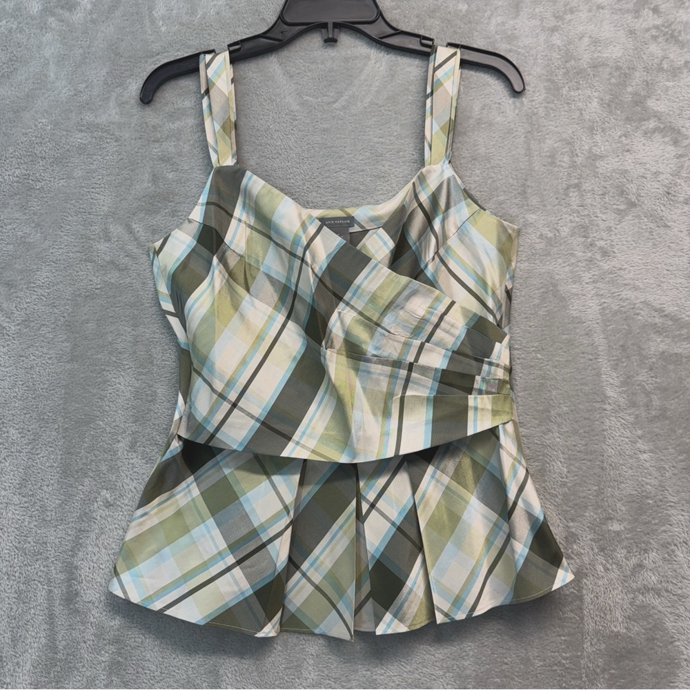 Ann Taylor Silk Plaid Peplum Y2K Blouse in Olive, Aqua & White Size 6